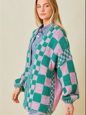Chunky Check Knit Cardigan Sweater - Pink & Green